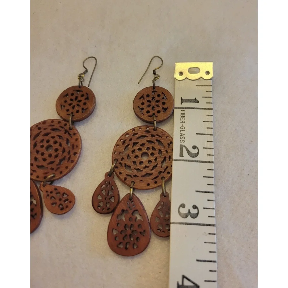 Dangling Pierced Earrings Round Teardrop Carved Wooden Cut-Out‎ Boho Jewelry